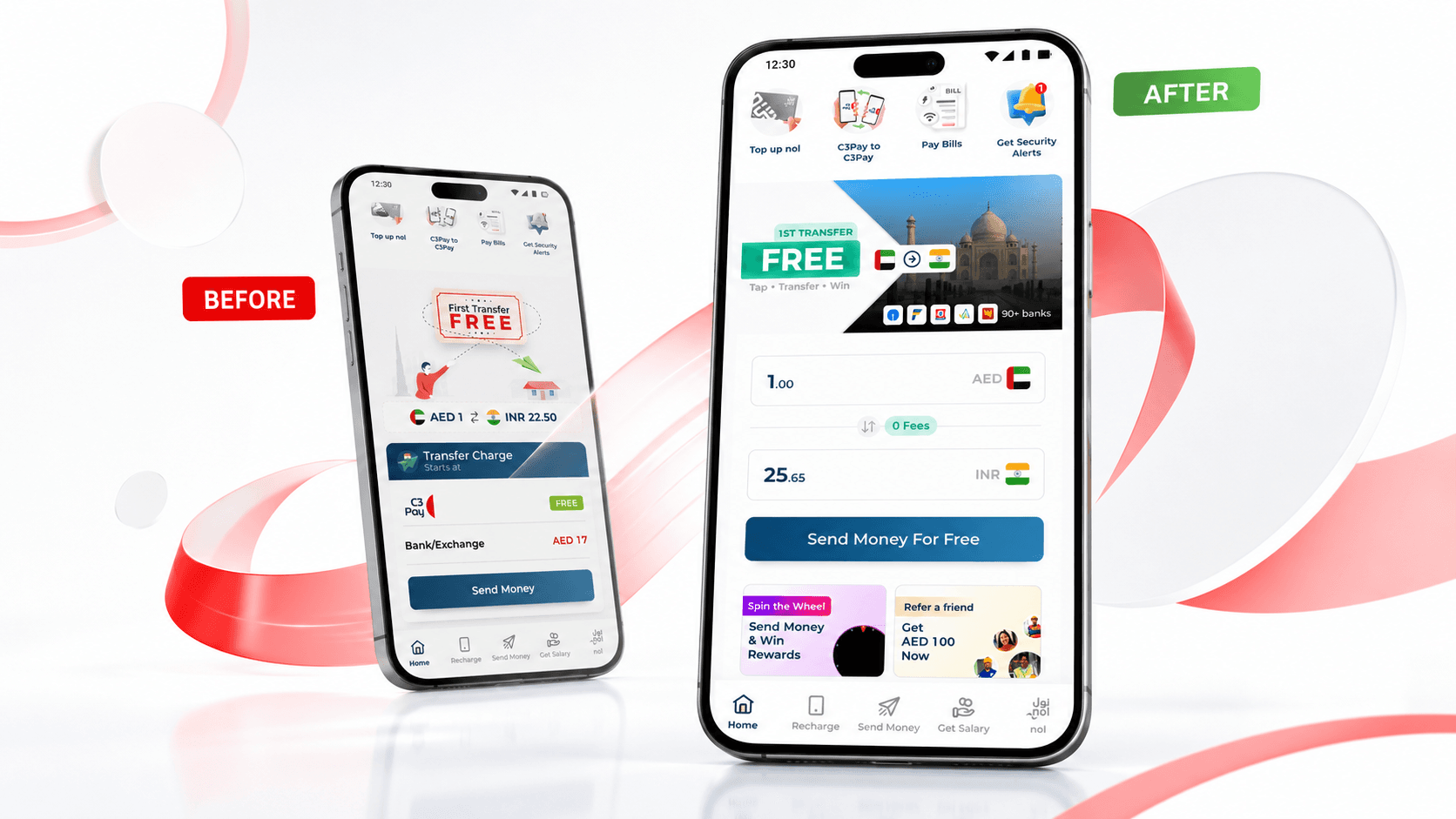 Money transfer screen — before and after the redesign